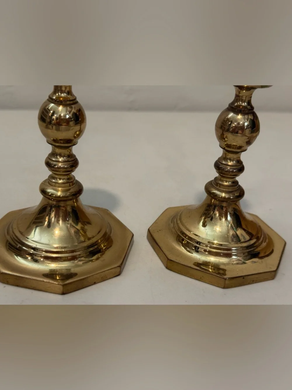 Vintage Octagon Base Pair Of Candlesticks  Polished Brass‎ 5” tall 3